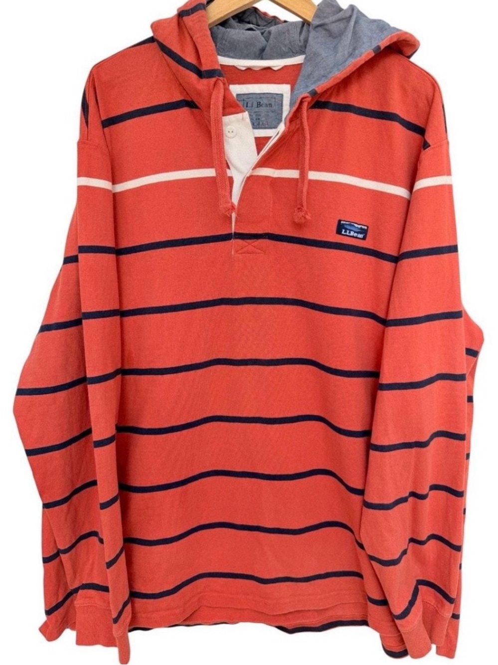 L.L. Bean Mens XXL orange & navy striped hooded rugby shirt 100% Cotton. NWOT
